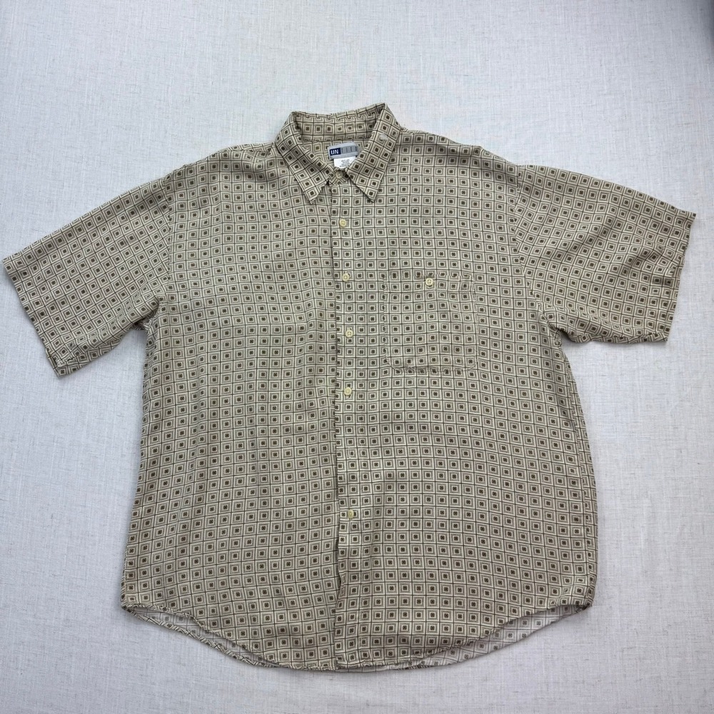 Untied Mens Large Vintage 90s Rayon Short Sleeve Button Down Shirt Geometric Tan